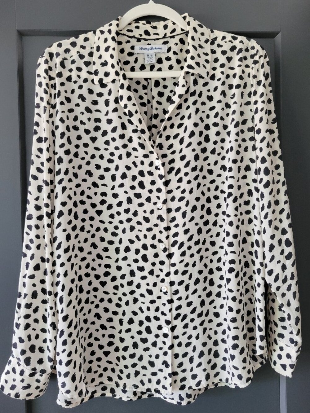 Tommy Bahama Darling Dots Long-Sleeve Silk Shirt Ivory Black Size M - Picture 4 of 5